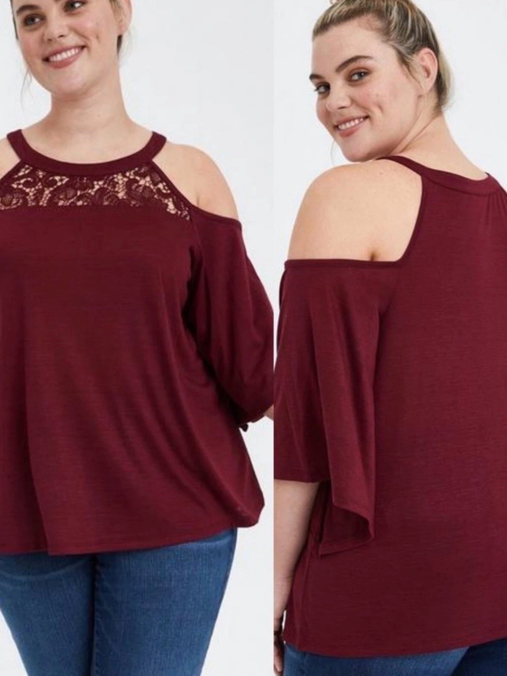 Torrid Burgundy Cold-Shoulder Lace Yoke Top